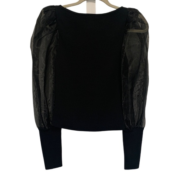 Alice and Olivia Abella Black Sheer Sleeve Puff Shoulder Long Sleeve Top - Picture 3 of 10